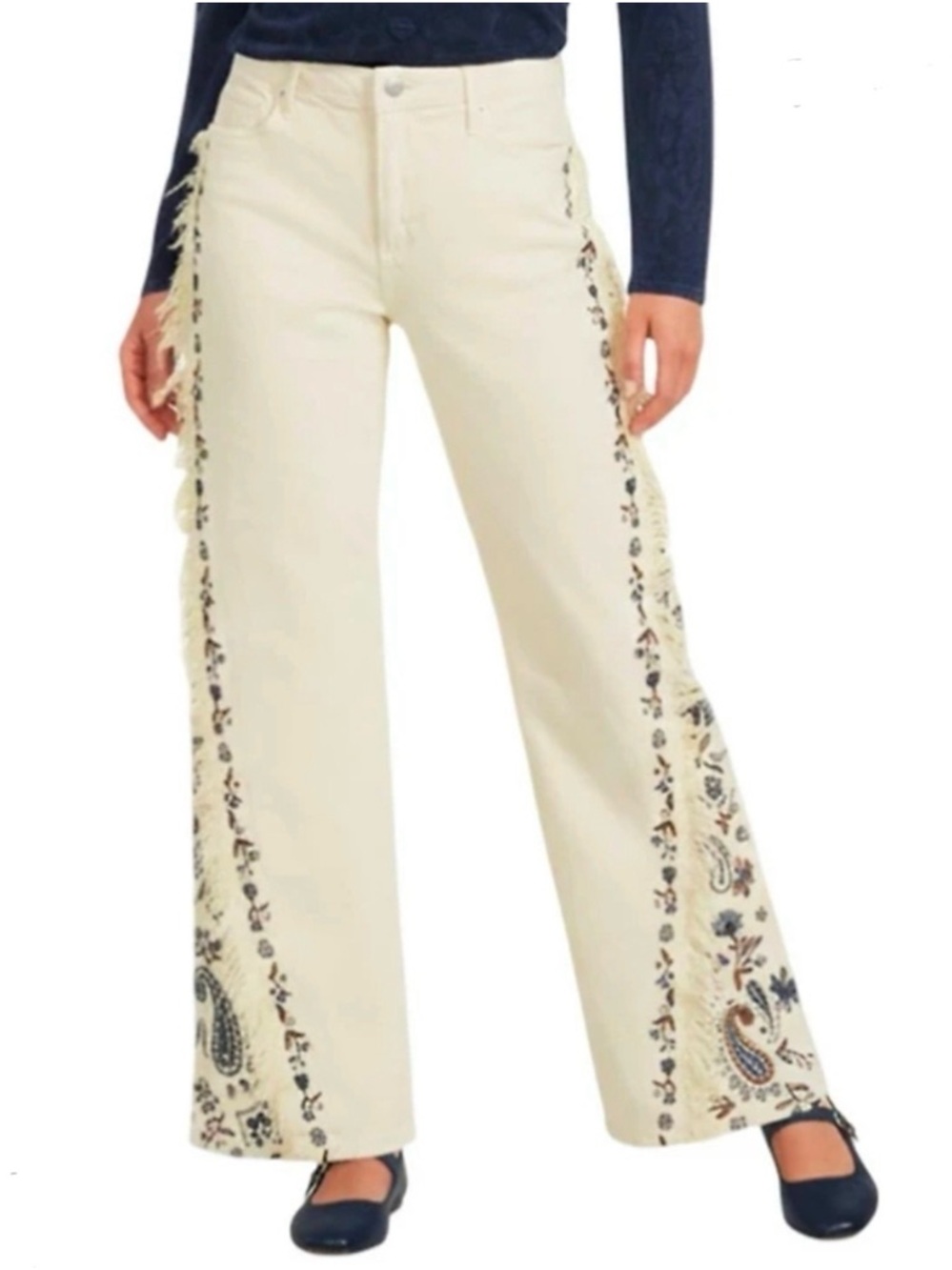 DRIFTWOOD Western Frankie Hi-Rise Wide-Leg Embroidered Fringe Jeans, 32x32, NWT